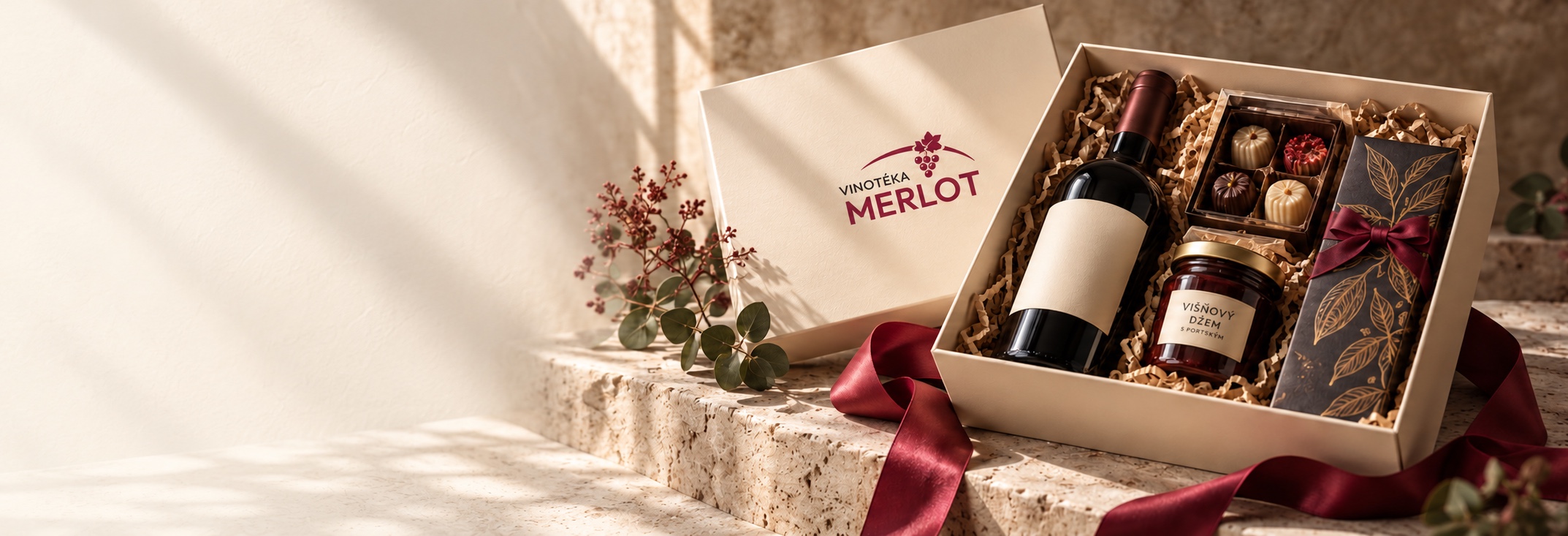 Luxusní dárkový box Merlot s vínem, pralinkami, višňovým džemem a vínovou stuhou